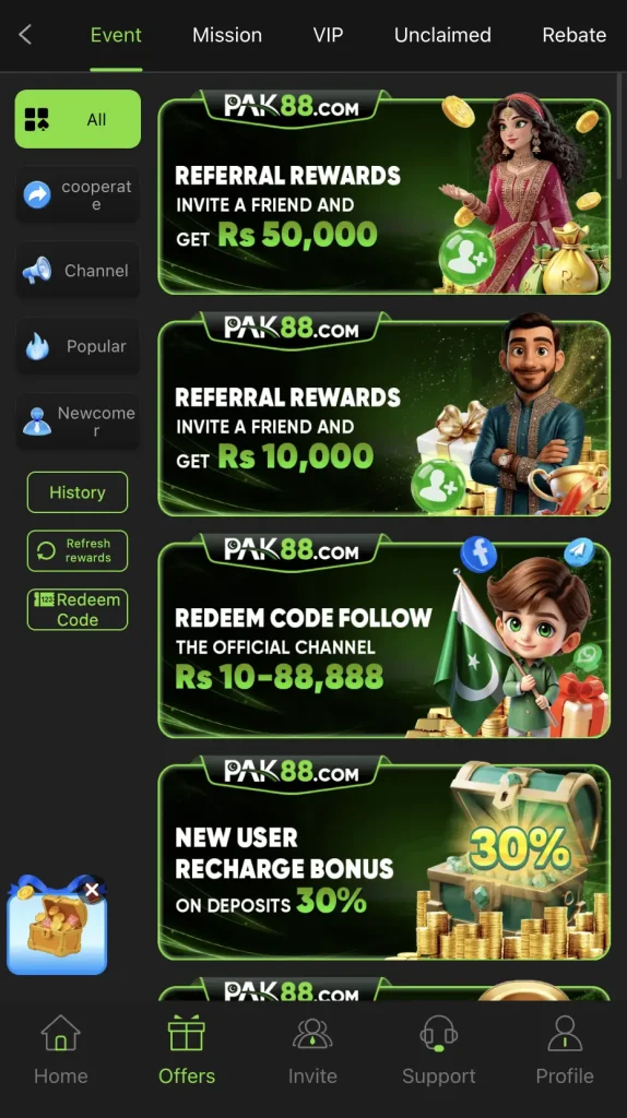PAK88 Bonuses and promotions